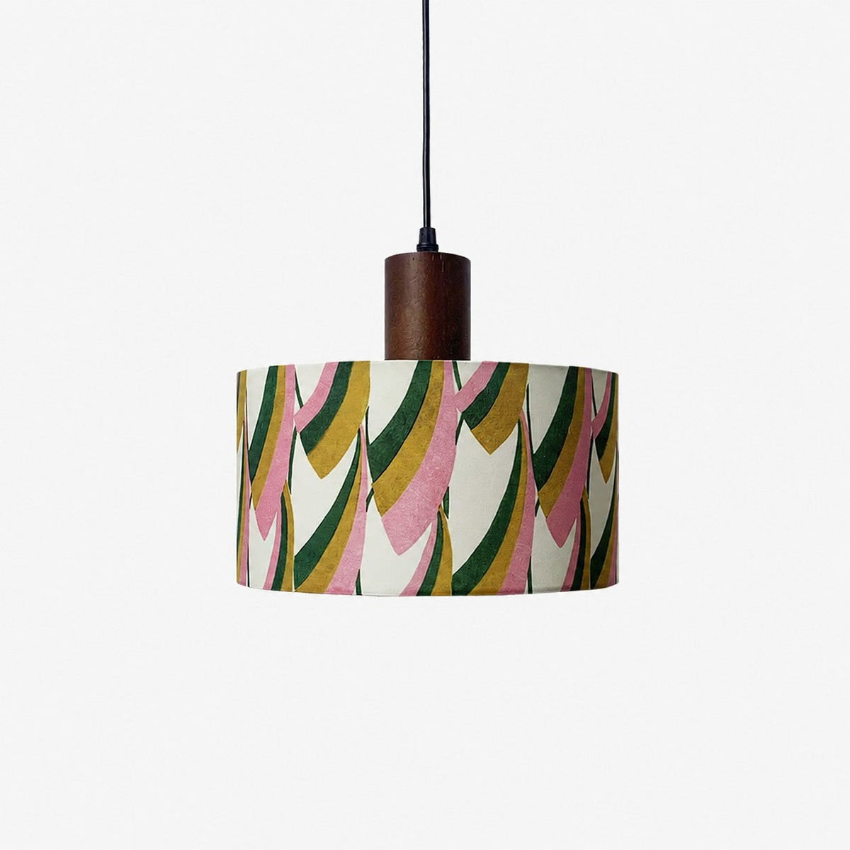 Printed Fabric Drum Pendant Light with Walnut Wood Holder | Souliia