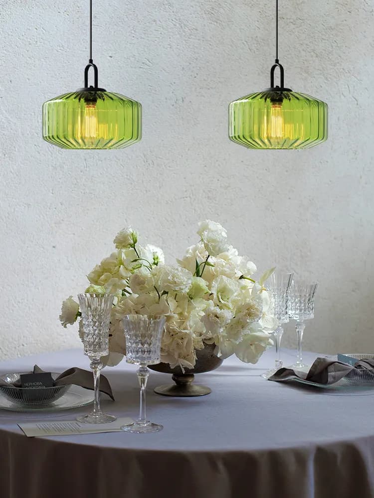 Ribbed Glass Pendant Light - Vintage Green Glass Hanging Light with Modern Appeal | Souliia