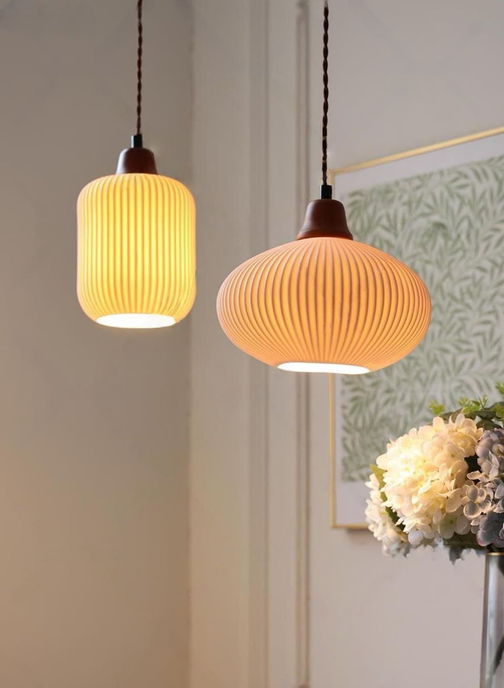 Ribbed Ceramic Pendant Light – Nordic Pendant Light with White Ceramic Elegance | Souliia