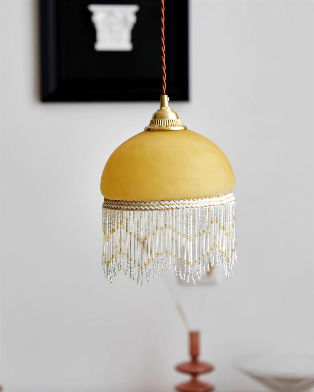 Vili Beaded Tassel Pendant Lamp – Soft Yellow Dome, Brass-Toned Top