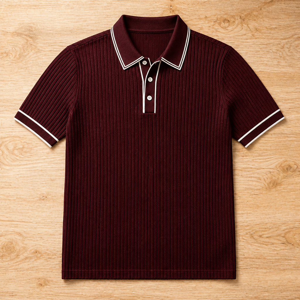 VeroStride – Retro Ribbed-Knit Polo with Contrast Tipped Collar - Souliia