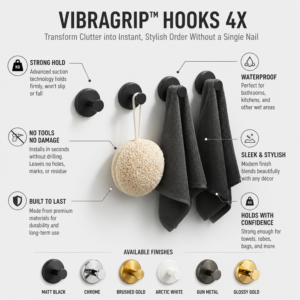 VibraGrip Hooks 4X — Transform Clutter into Instant, Stylish Order Without a Single Nail - Souliia