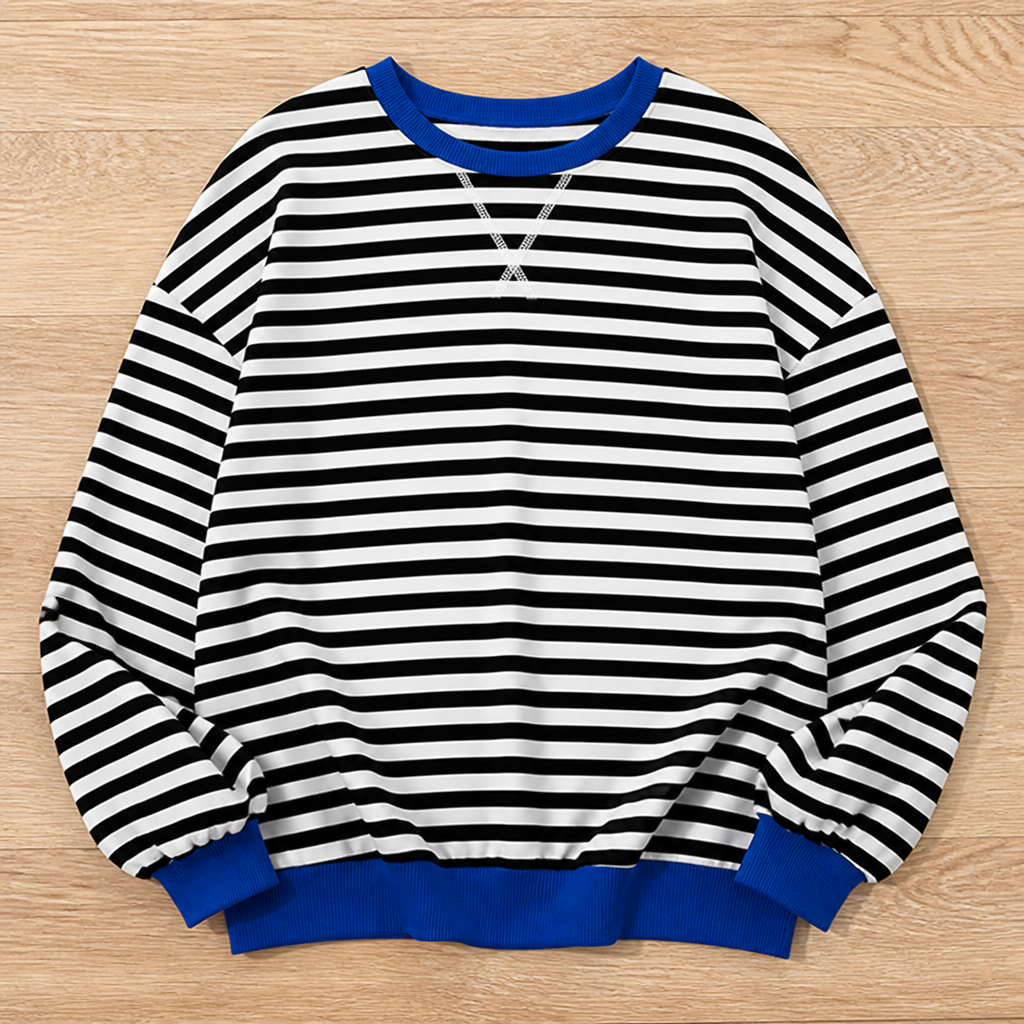 VeroLuxe – Relaxed Striped Crewneck Sweatshirt with Contrast Trim - Souliia