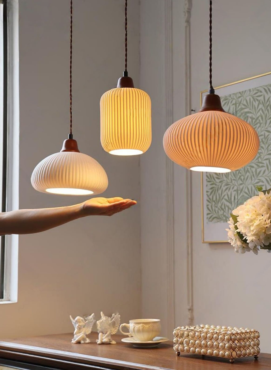 Ribbed Ceramic Pendant Light – Nordic Pendant Light with White Ceramic Elegance | Souliia