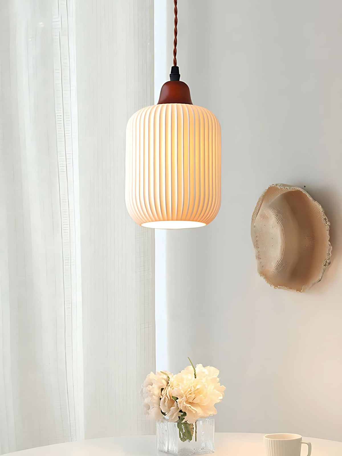 Ribbed Ceramic Pendant Light – Nordic Pendant Light with White Ceramic Elegance | Souliia