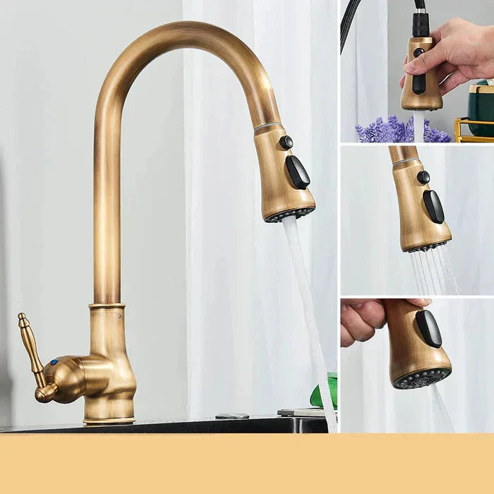 Vintage Brass Kitchen Faucet | Rotating Spout | Single Lever Control | BrassArc - Souliia