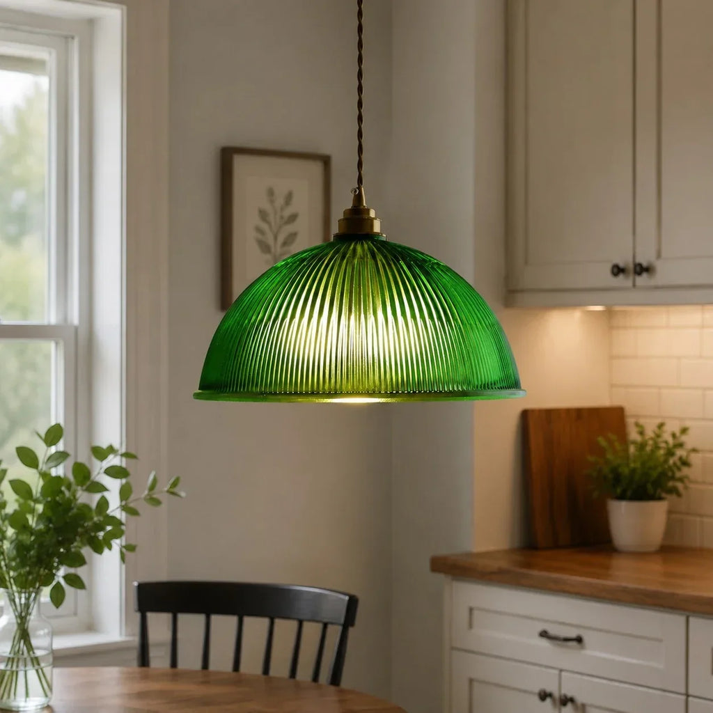 Vintage Ribbed Glass Pendant Light with Brass Accent | Souliia