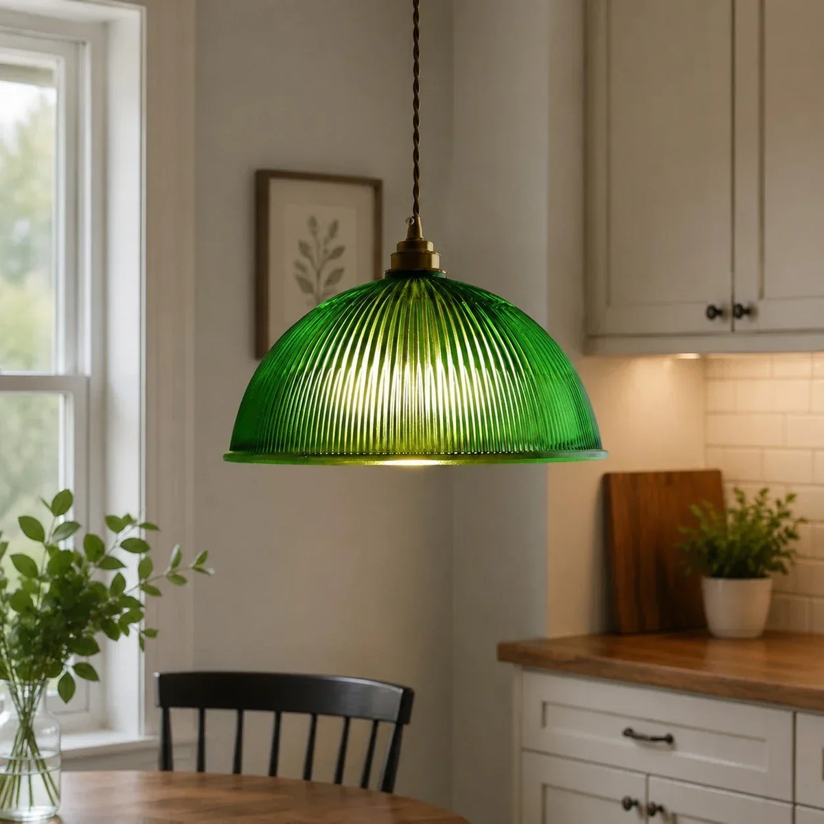 Vintage Ribbed Glass Pendant Light with Brass Accent | Souliia