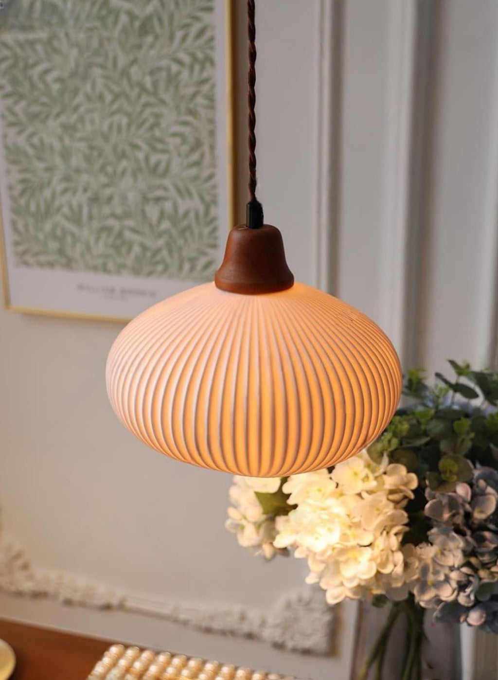 Ribbed Ceramic Pendant Light – Nordic Pendant Light with White Ceramic Elegance | Souliia