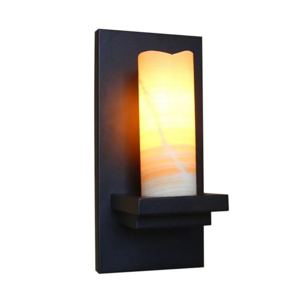 Rustic Black Metal Wall Sconce with Cream Stone-Look Shade | Souliia