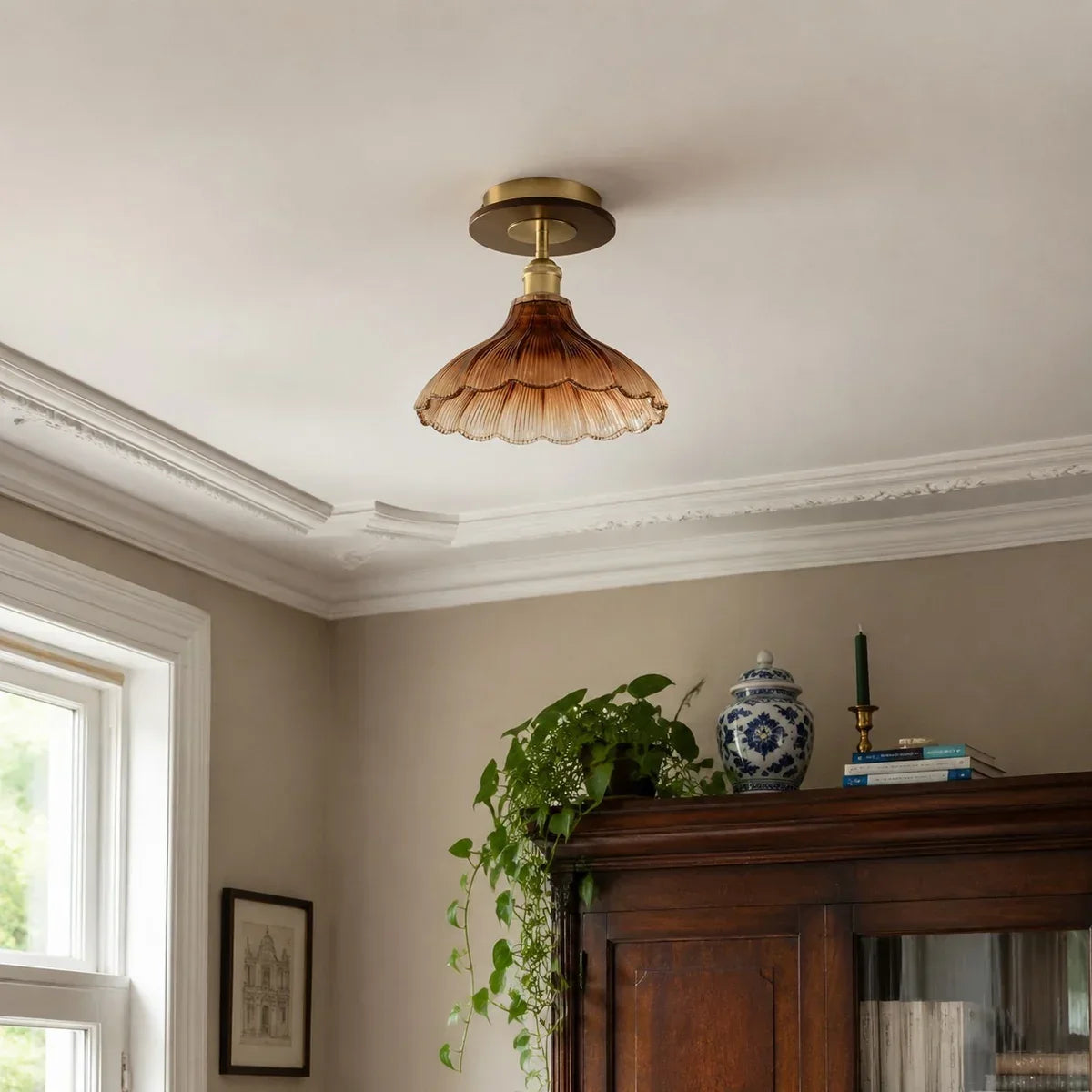 Ribbed Glass Semi Flush Mount Ceiling Light | Souliia