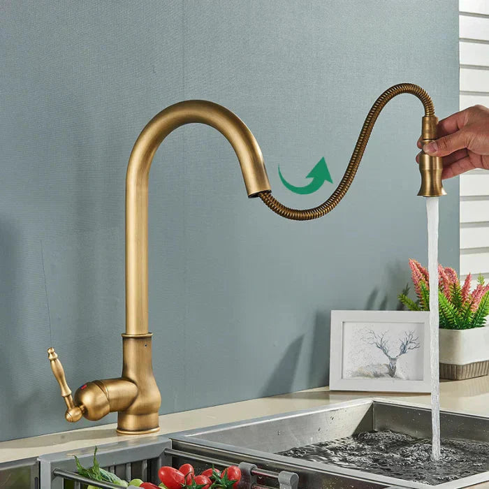 Vintage Brass Kitchen Faucet | Rotating Spout | Single Lever Control | BrassArc - Souliia
