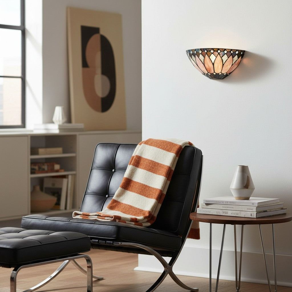 TF Layered Glass and Curved Metal Arm Wall Lamp – Transitional Art Deco Wall Sconce for Bedroom and Entryway | Souliia