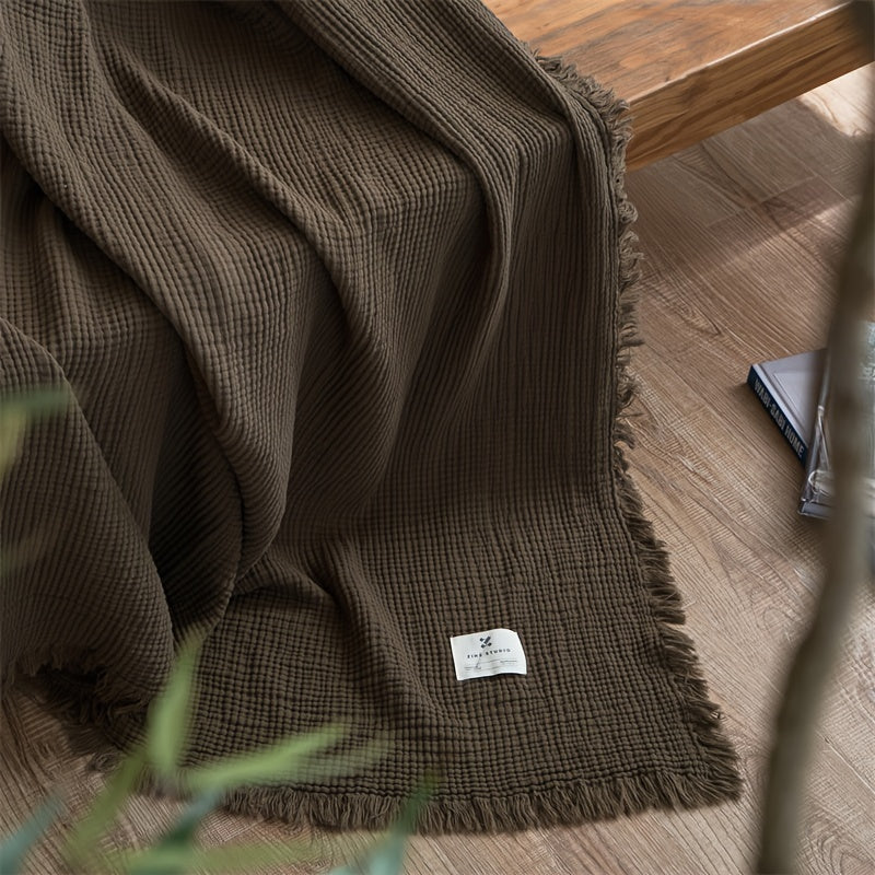 Olivebreeze Four-Layer Cotton Gauze Blanket — Elegant Fringe Trim, Lightweight Weave