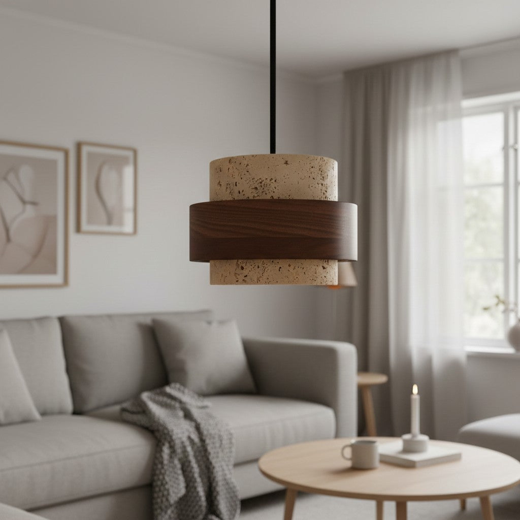 Stonel Contemporary Travertine Cylinder Pendant Lamp with Wood Frame U14 | Souliia