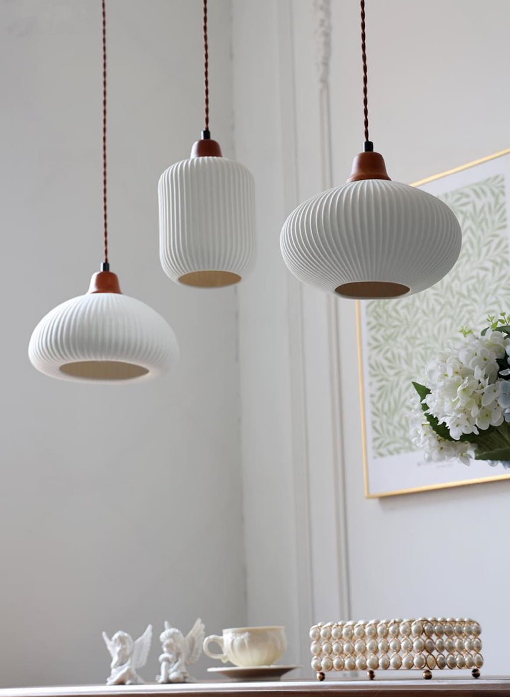 Ribbed Ceramic Pendant Light – Nordic Pendant Light with White Ceramic Elegance | Souliia
