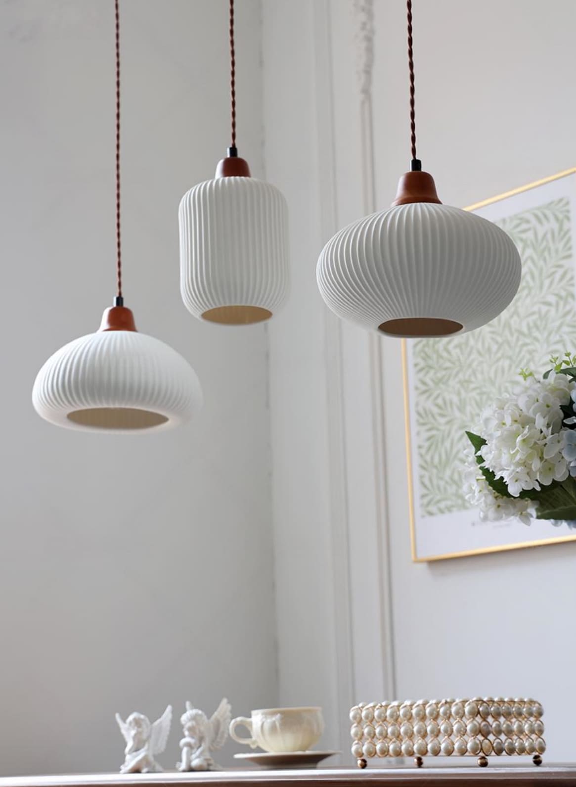 Ribbed Ceramic Pendant Light – Nordic Pendant Light with White Ceramic Elegance | Souliia
