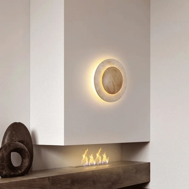 Round Travertine Wood Wall Light | Souliia