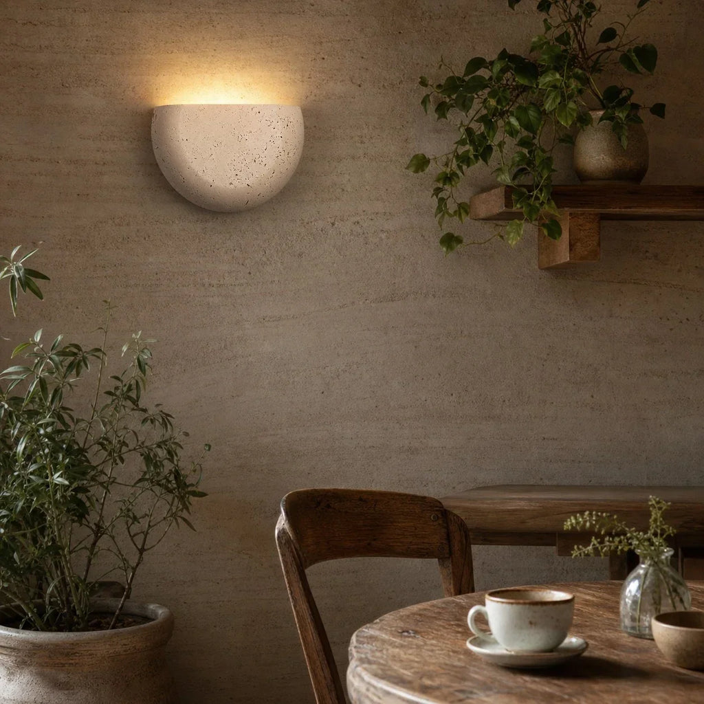 Travertine Style Wall Sconce, Off White Half Bowl Bedside Wall Light for Bedroom, Hallway and Dining Nook | Souliia