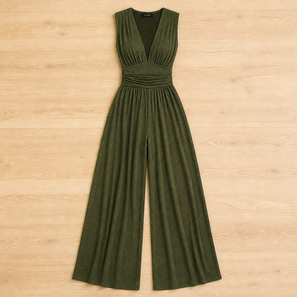 Verisse – Flowy Wide-Leg Jumpsuit with Ruched Waist and Deep V-Neck - Souliia