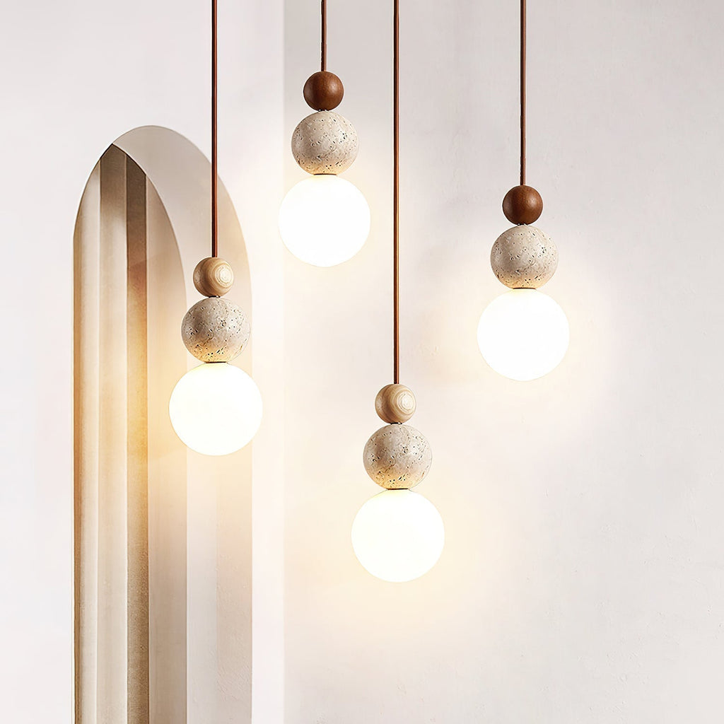 Lampă suspendată modernă tip glob, din piatră de travertin, M08 | Souliia