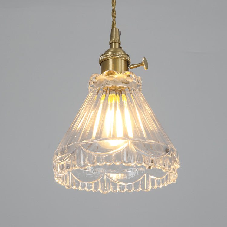 Traditionelle japanische Messing Walnuss Glas Keramik Zylinder Konische Blumen-Schale 1-Flammige Pendelleuchte für Esszimmer | Souliia