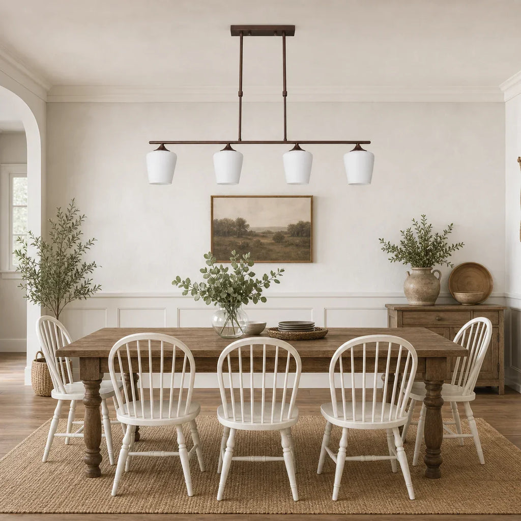 Strellux Linear Kronleuchter mit weißen Opalglas-Schirmen - Kaffee-Brauner rustikaler Stil für Esszimmer | Souliia