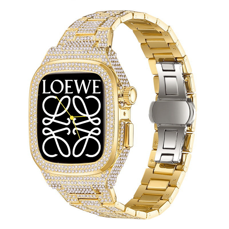 NovaLux Polished Stainless Case Strap — Rhinestone & Diamond Accent, Apple Watch 44-45mm