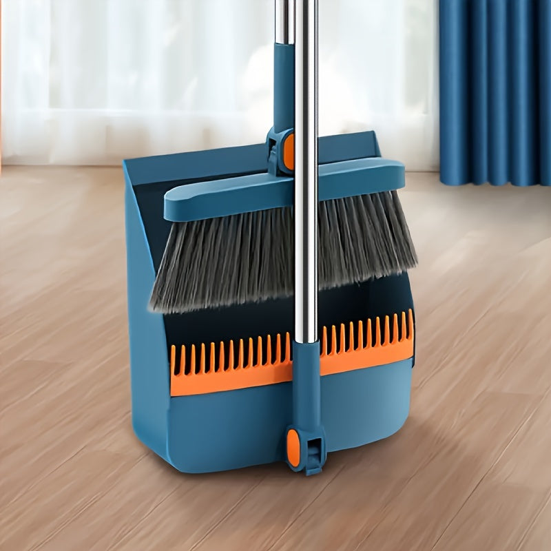 Cleansweep Pro Long-Handle Broom & Dustpan Set — 360° Rotating Head, Built-In Comb Teeth