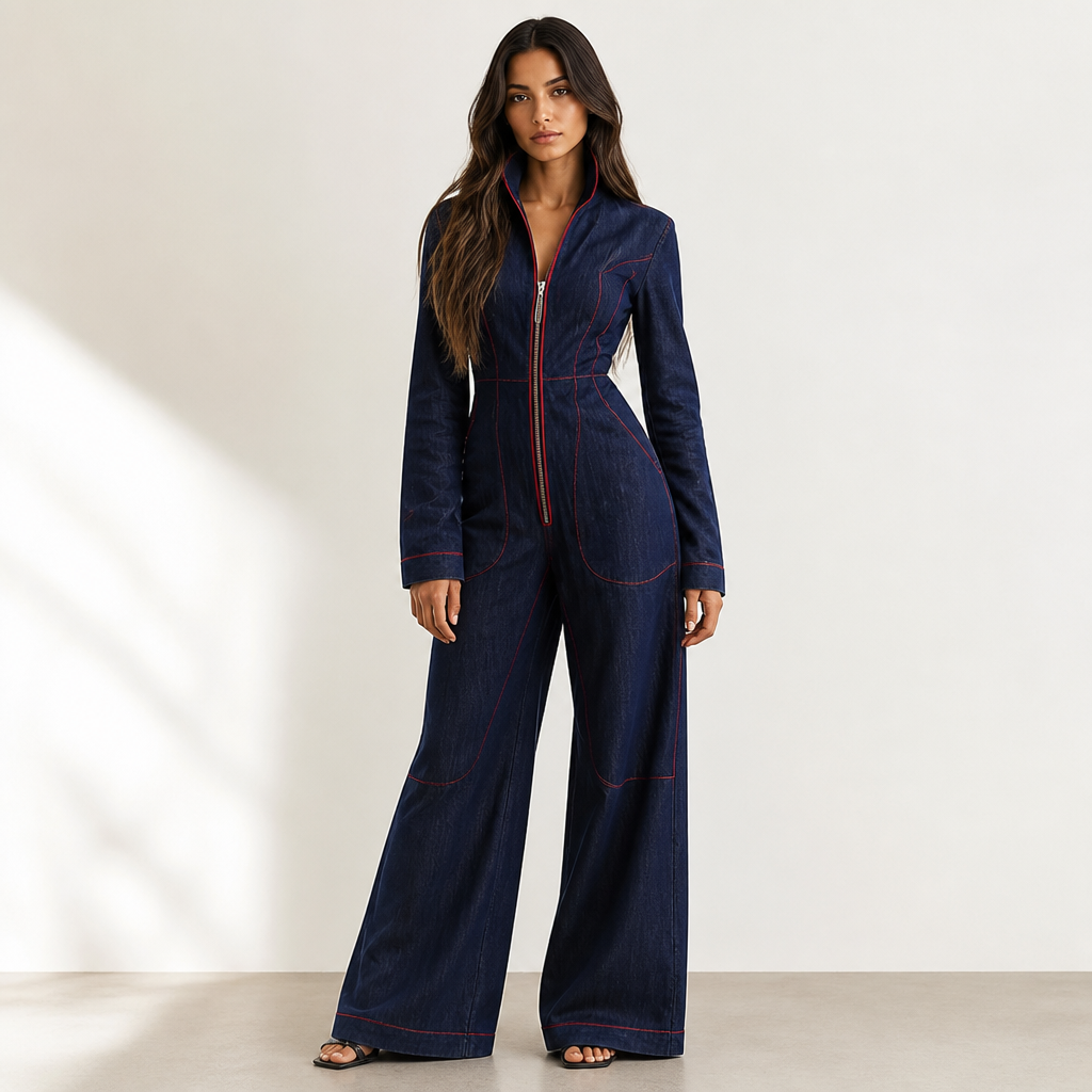 Velozia – Waist-Sculpting Wide-Leg Denim Jumpsuit with Zip Front - Souliia