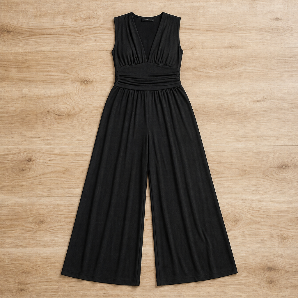 Verisse – Flowy Wide-Leg Jumpsuit with Ruched Waist and Deep V-Neck - Souliia