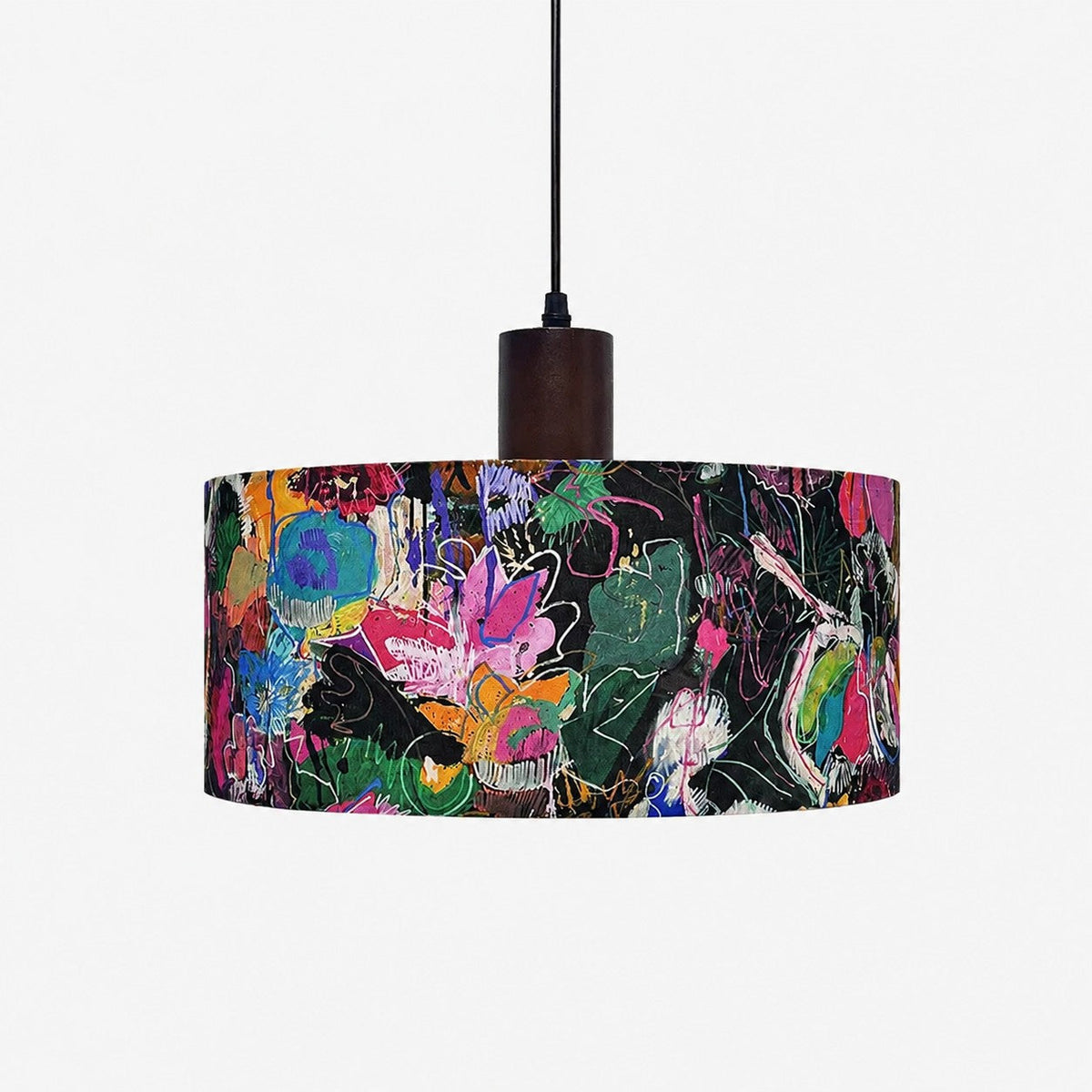 Printed Fabric Drum Pendant Light with Walnut Wood Holder | Souliia
