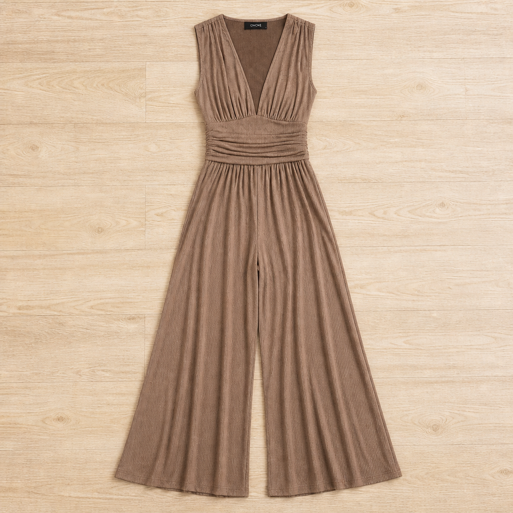 Verisse – Flowy Wide-Leg Jumpsuit with Ruched Waist and Deep V-Neck - Souliia