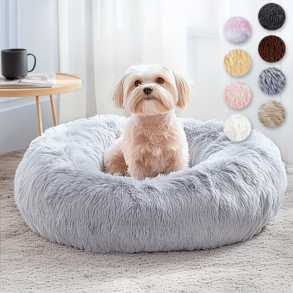 Hugafur Donut Pet Bed — Soft Faux Fur Cushion, Raised Rim Support