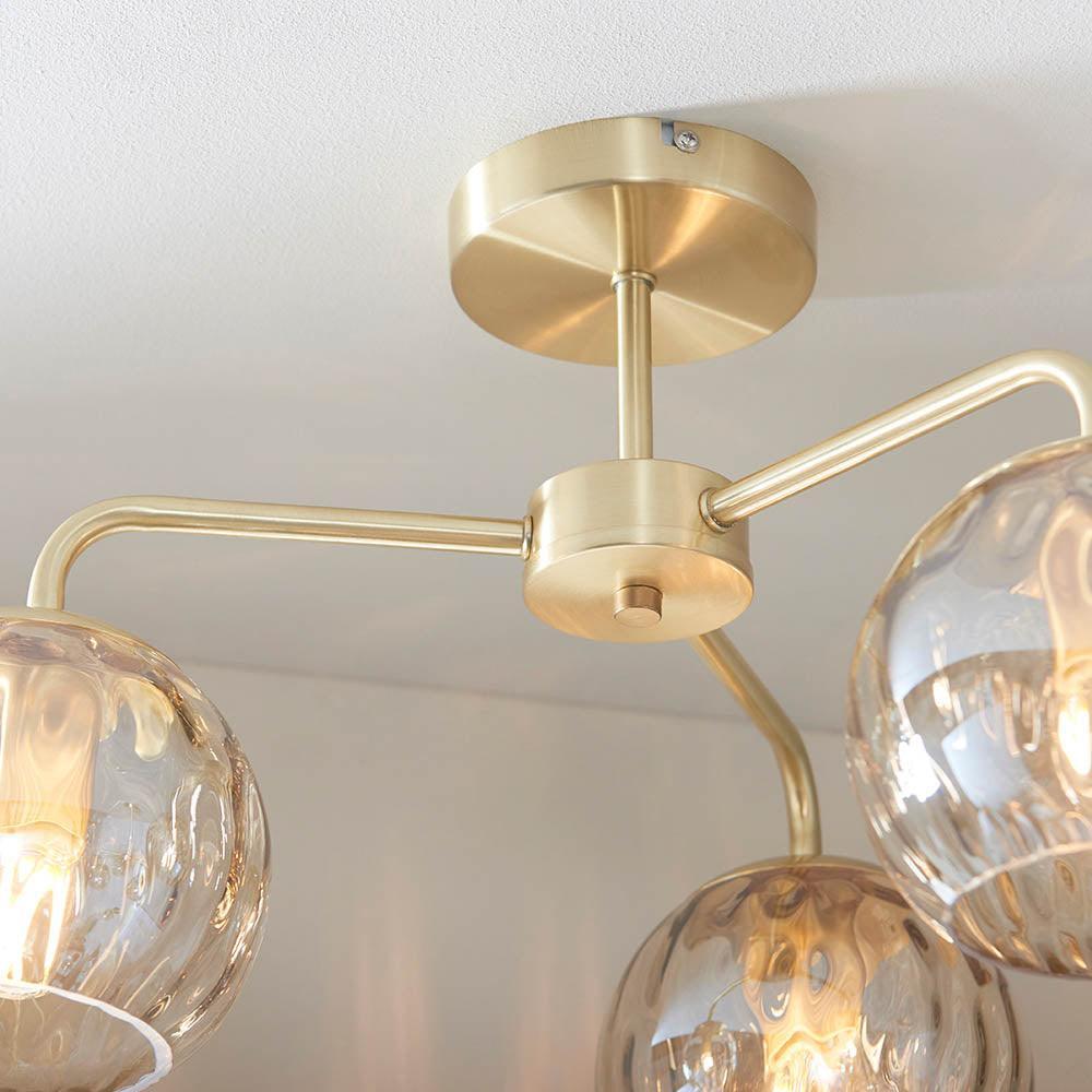 Rivolence 3 Light Brass Flush Ceiling Light – Textured Glass Shades for Living Room & Dining Space | Souliia
