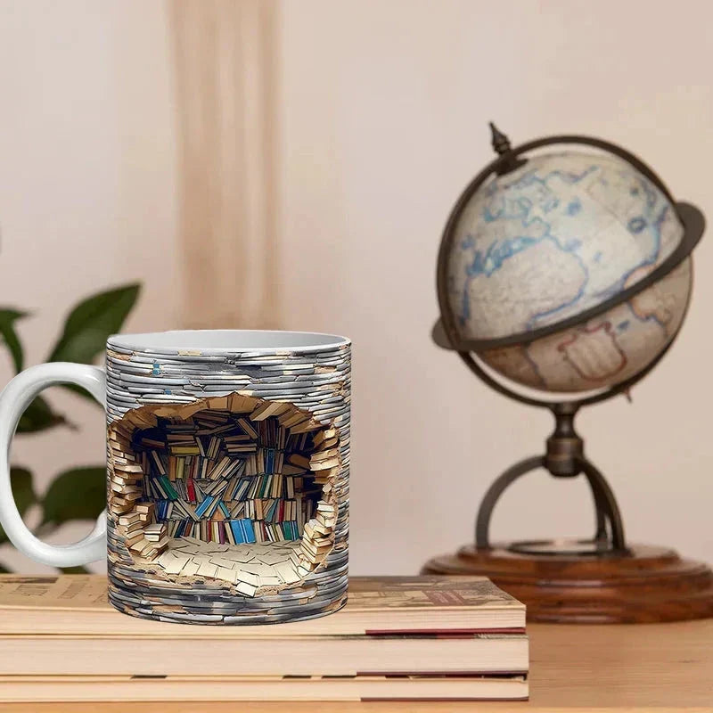 Taza con estantería de libros en 3D — regalo de café para amantes de los libros