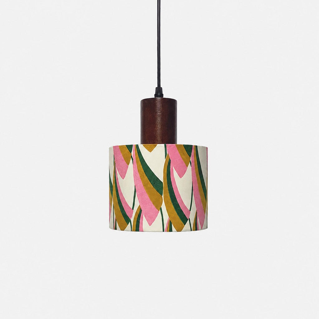 Printed Fabric Drum Pendant Light with Walnut Wood Holder | Souliia