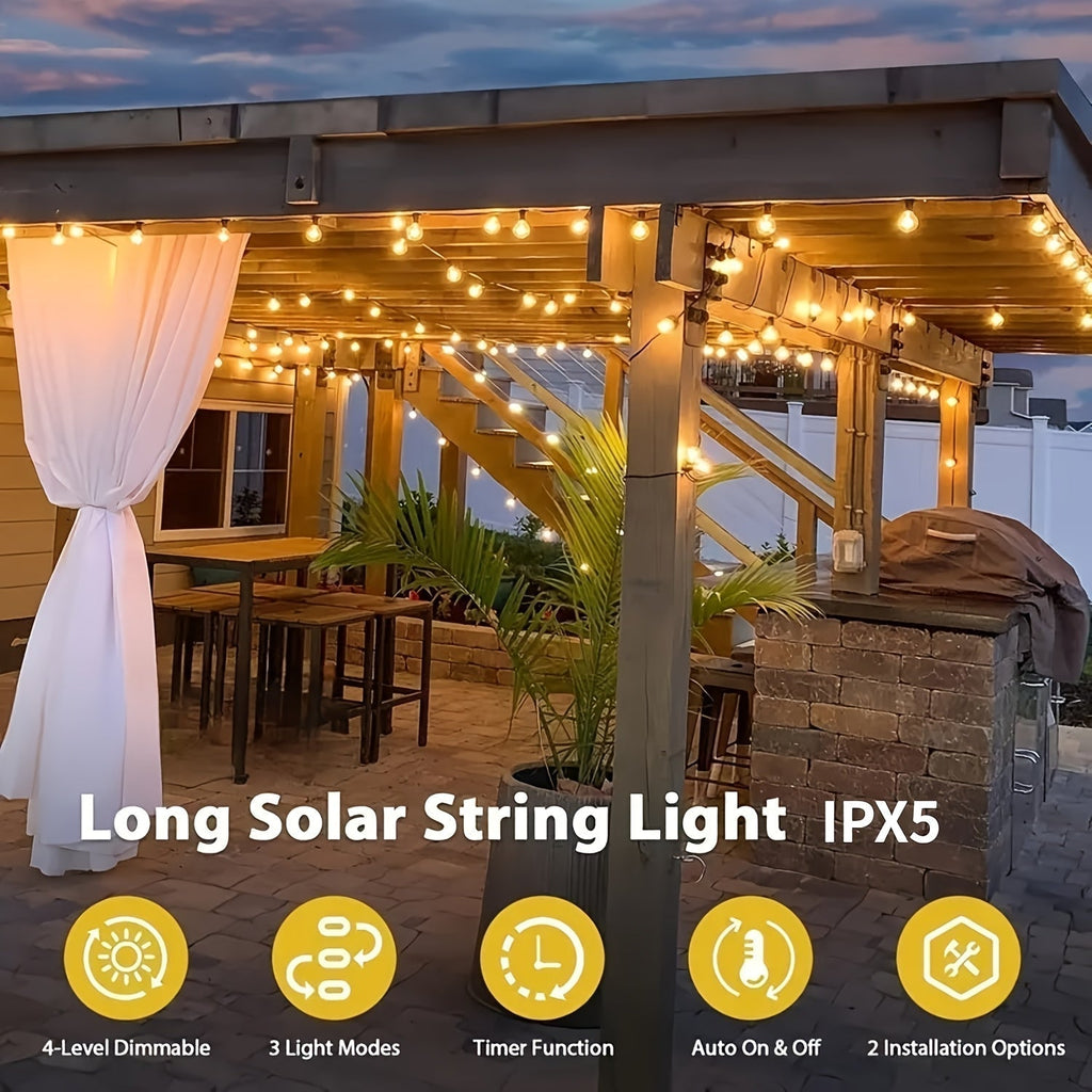 Solara Solar LED String Lights — 100-Foot Length, Dimmable Yellow ST38 Bulbs