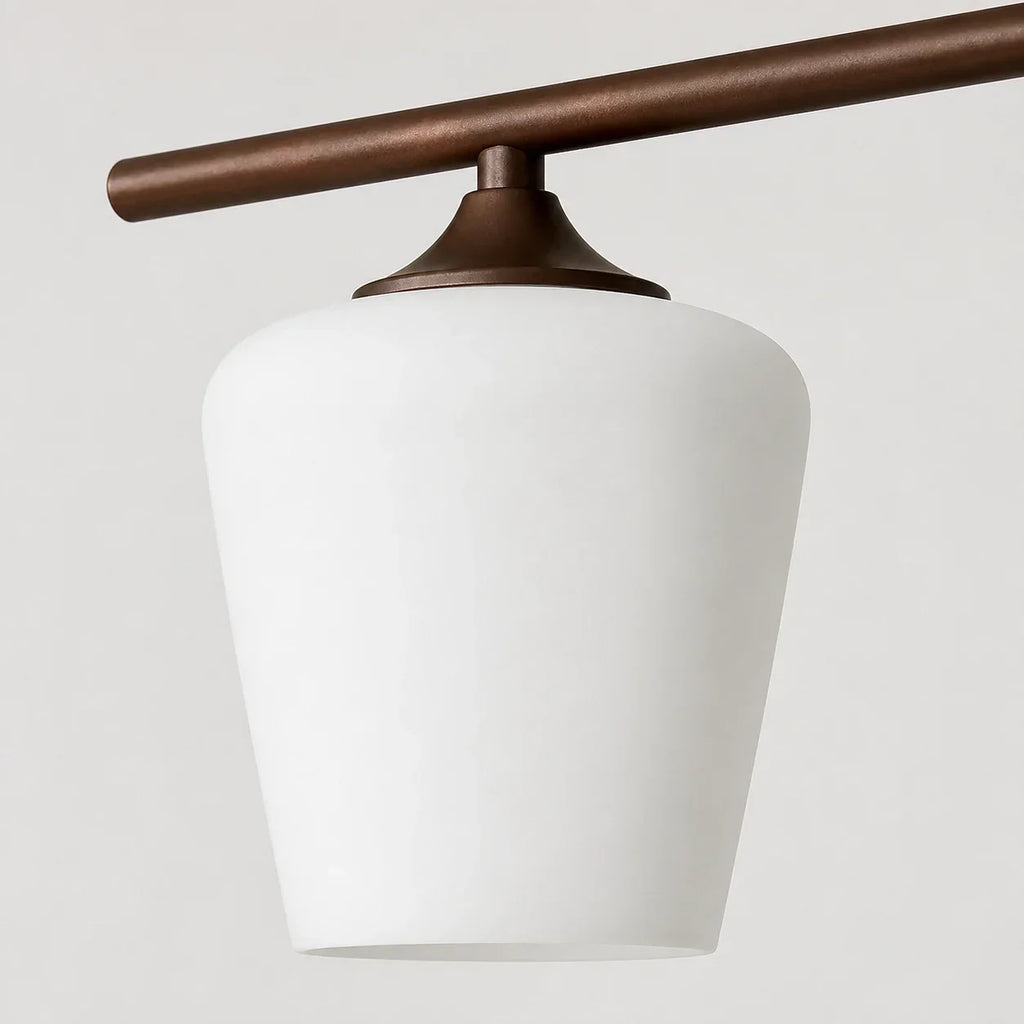 Strellux Linear Kronleuchter mit weißen Opalglas-Schirmen - Kaffee-Brauner rustikaler Stil für Esszimmer | Souliia