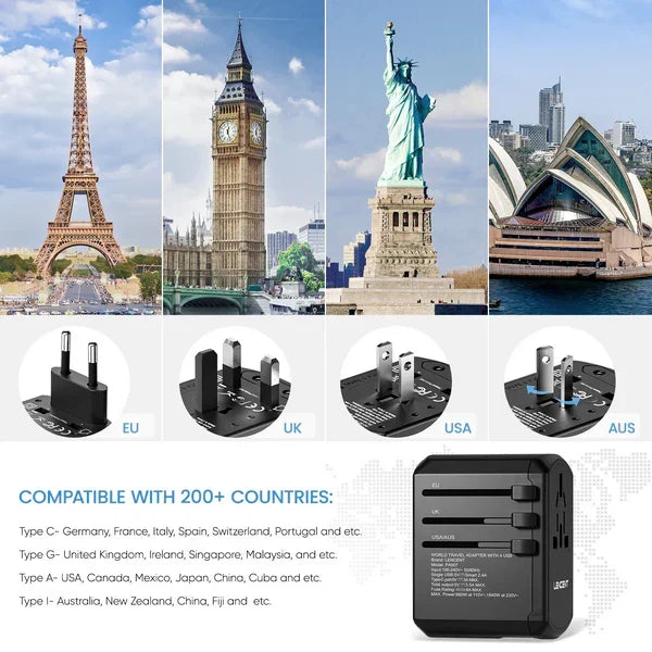 Adaptateur de voyage universel multiports — 150+ régions, recharge USB