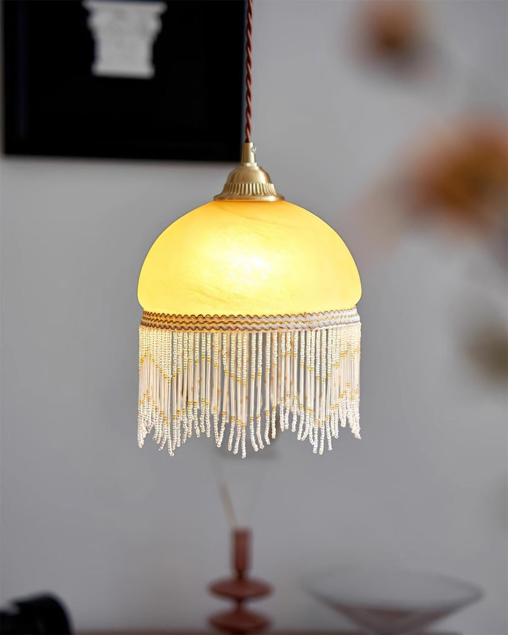 Vili Beaded Tassel Pendant Lamp – Soft Yellow Dome, Brass-Toned Top