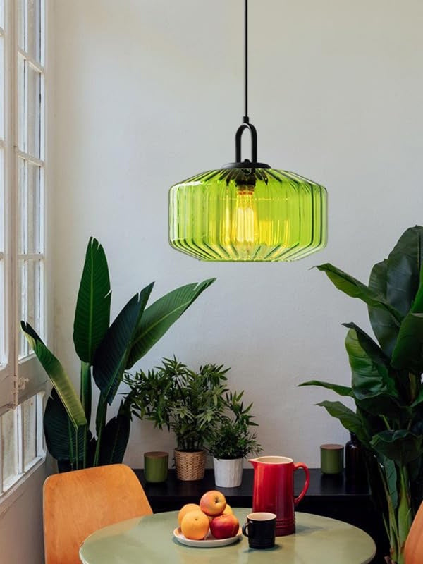 Ribbed Glass Pendant Light - Vintage Green Glass Hanging Light with Modern Appeal | Souliia