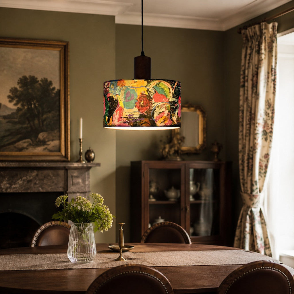 Printed Fabric Drum Pendant Light with Walnut Wood Holder | Souliia