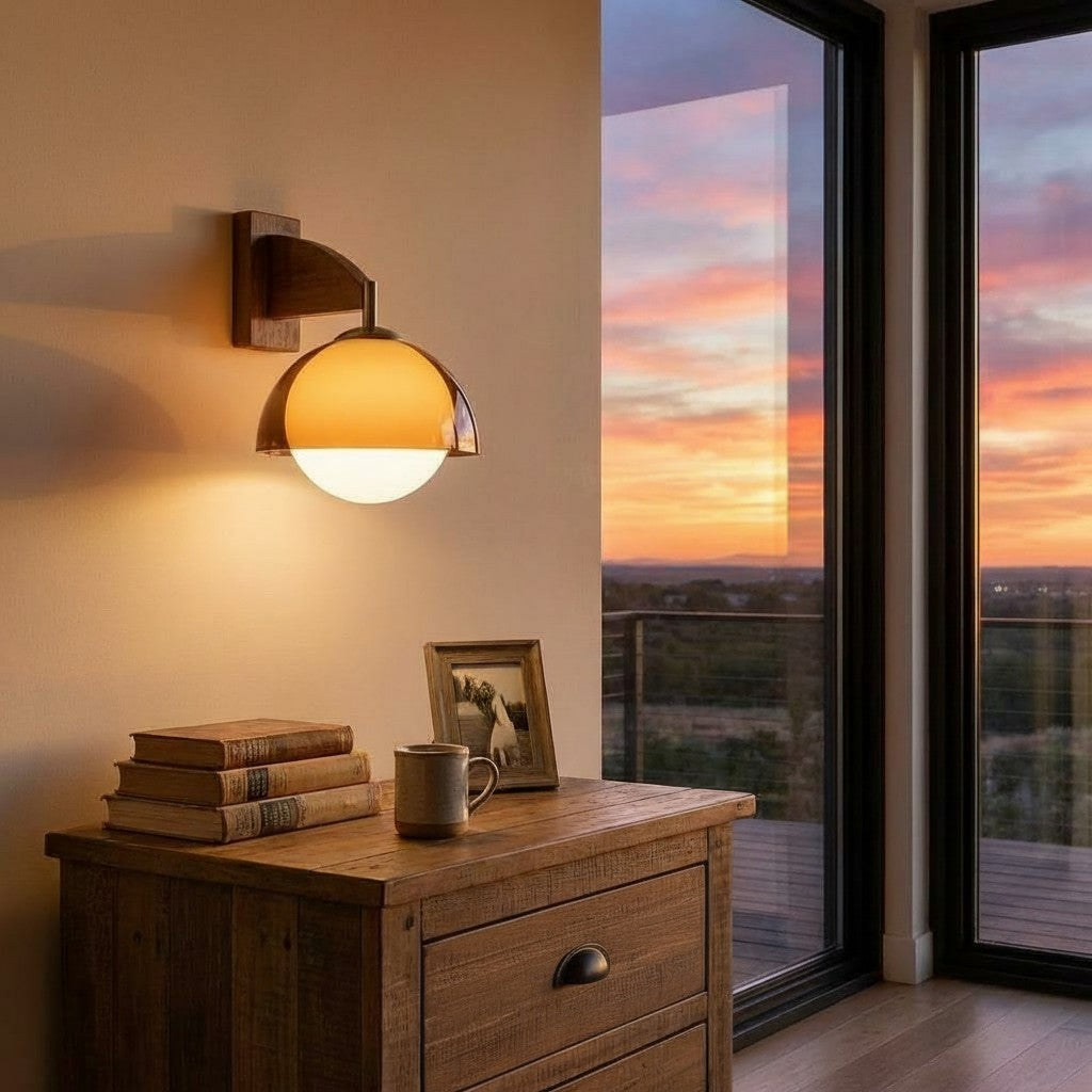 Sunset Glow Moderne Wandleuchte mit Acrylschirm und Holzstruktur-Basis für Schlafzimmer, Flur, Wohnzimmer | Souliia