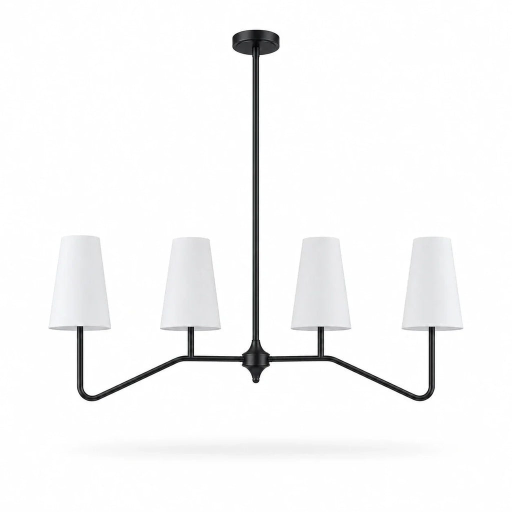 Strellux Linear Kronleuchter mit weißen Stoffschirmen - Messing und Schwarz Vintage-Stil für Esszimmer | Souliia