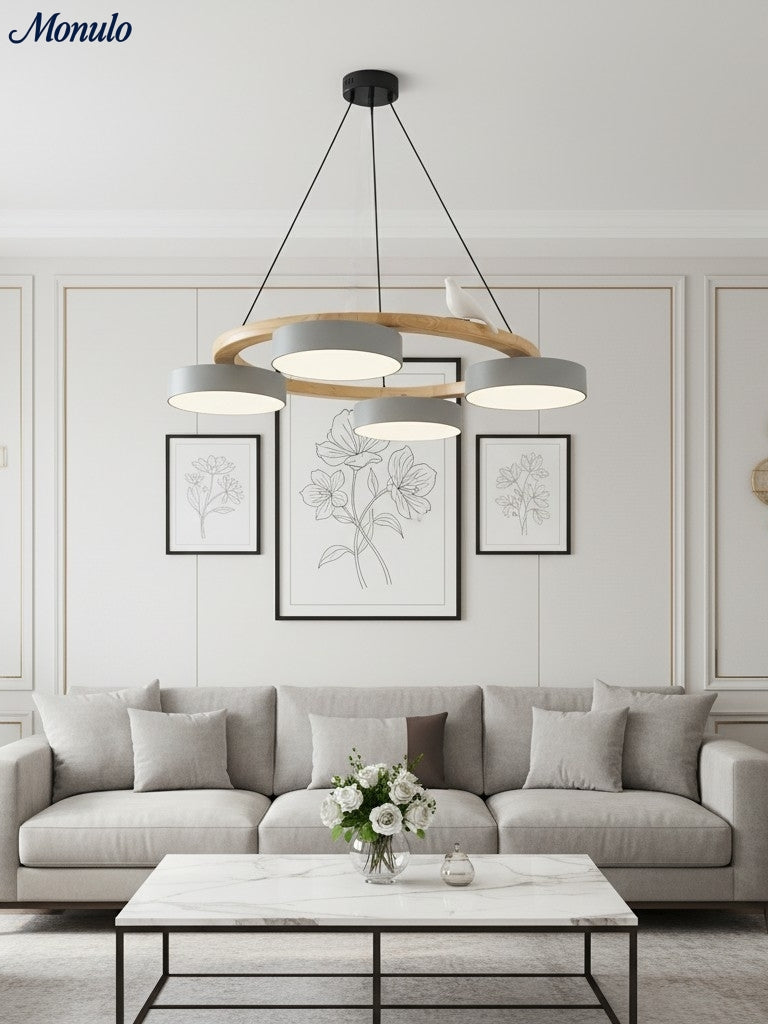 Moderne kreativ farverig lysekrone med cirkelformede fugle | Souliia