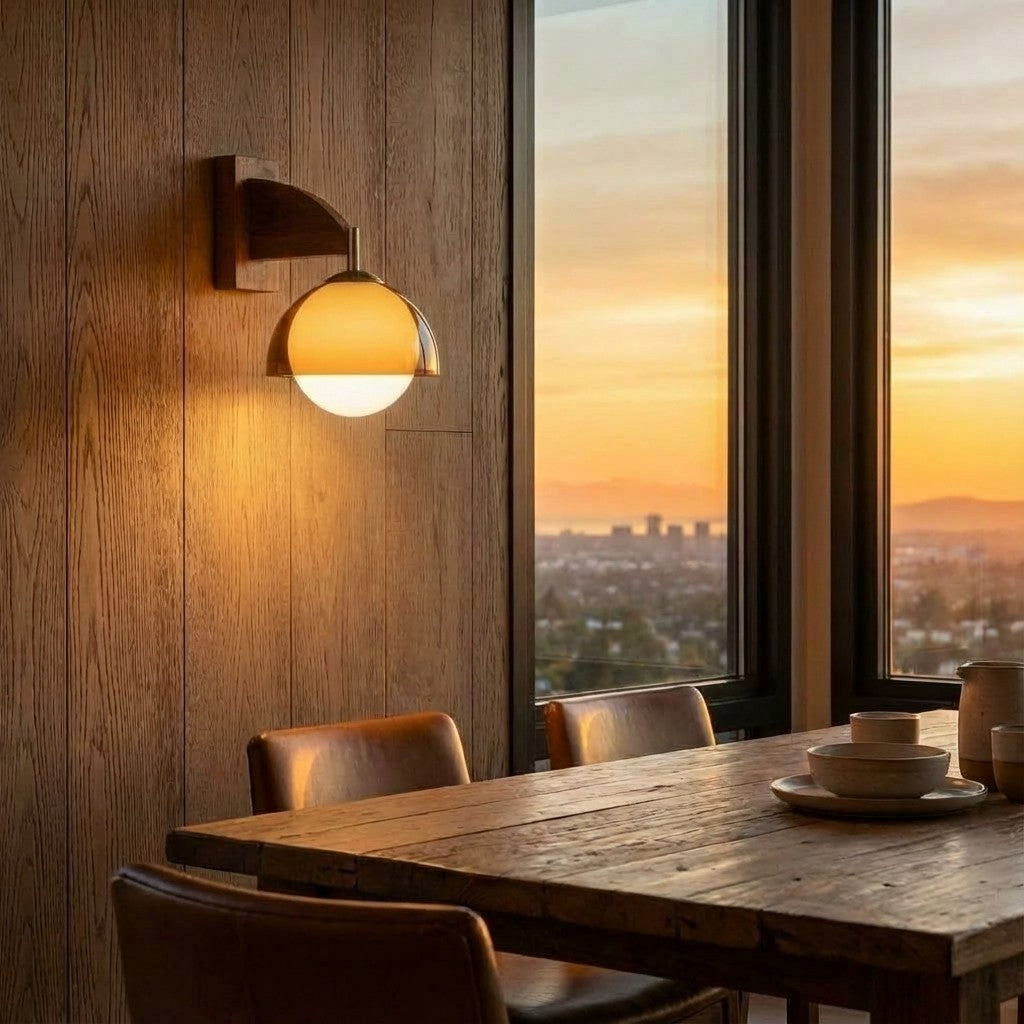 Sunset Glow Moderne Wandleuchte mit Acrylschirm und Holzstruktur-Basis für Schlafzimmer, Flur, Wohnzimmer | Souliia