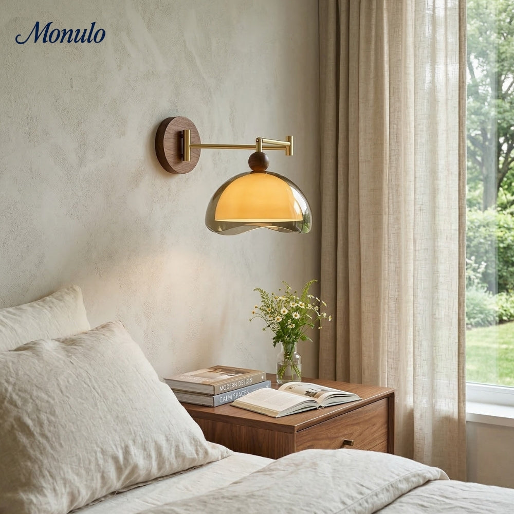 Sunset Glow Moderne Wandleuchte mit Acrylschirm und Holzstruktur-Basis für Schlafzimmer, Flur, Wohnzimmer | Souliia