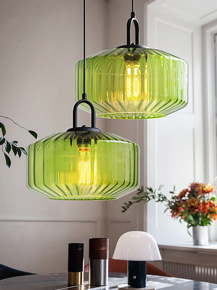 Ribbed Glass Pendant Light - Vintage Green Glass Hanging Light with Modern Appeal | Souliia