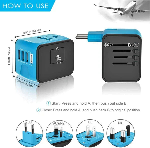 Adaptateur de voyage universel multiports — 150+ régions, recharge USB